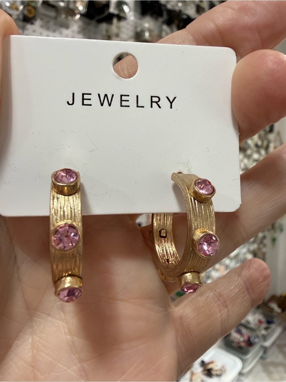 Gold-Tone Hoop Earrings with Pink Gem Accents